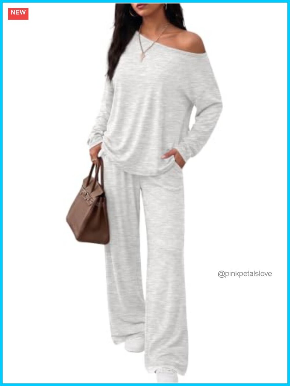 Rayon Spandex 2 Piece Lounge Set Off Shoulder Top Wide Leg Pants